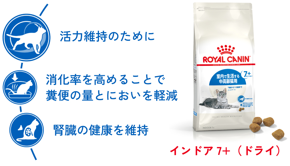 インドア 7+（ドライ） 活力維持のために。消化率を高めることで糞便の量とにおいを軽減。腎臓の健康を維持。